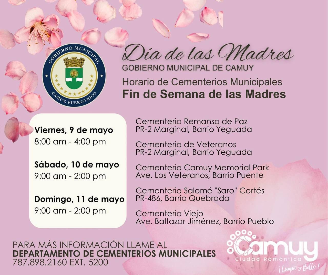 Municipio de Camuy anuncia horariode los cementerios para el Día de las Madres